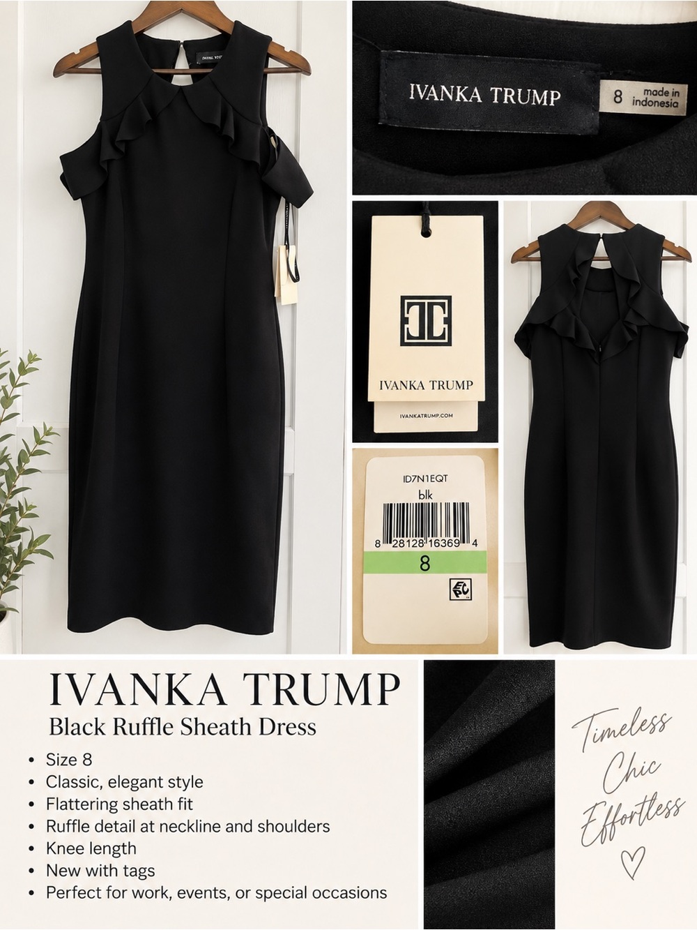 Ivanka Trump Black Ruffle-Trim Sheath Midi Dress